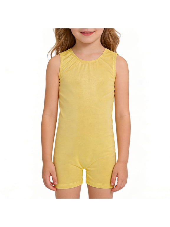 Girls Seamless Dance Leotard Workout Gymnastics Unitard with Built In Shorts for Training Practice Performance Gold 7-8 Years