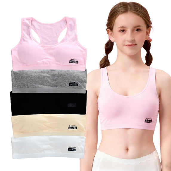 Girls' Training Racerback Set of 5, Seamless Cotton Bras 9-14 Years, Soft Sports Bra Starter, Breathable Thin Comfortable Top