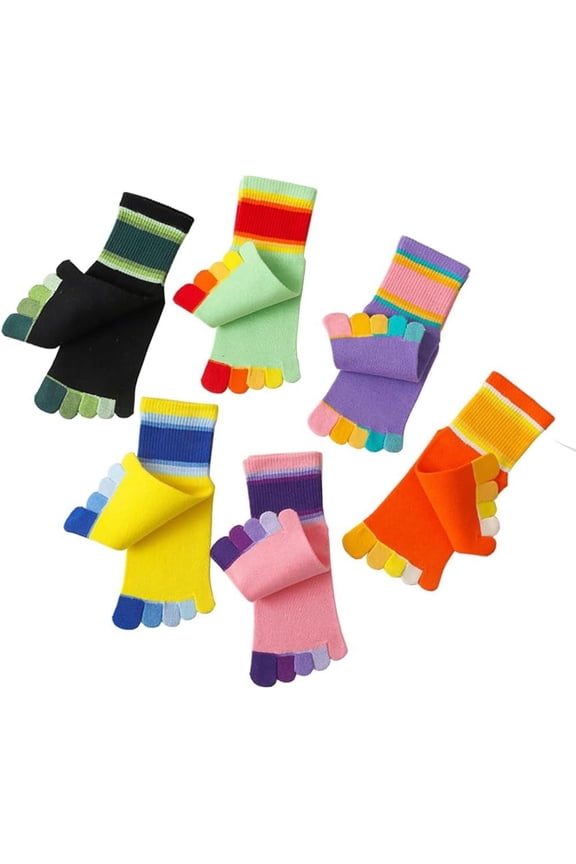Girls Seamless Socks Rainbow Stripes Five Finger Cotton Toe Socks Kids School Crew Socks 6 Pack-multi-6