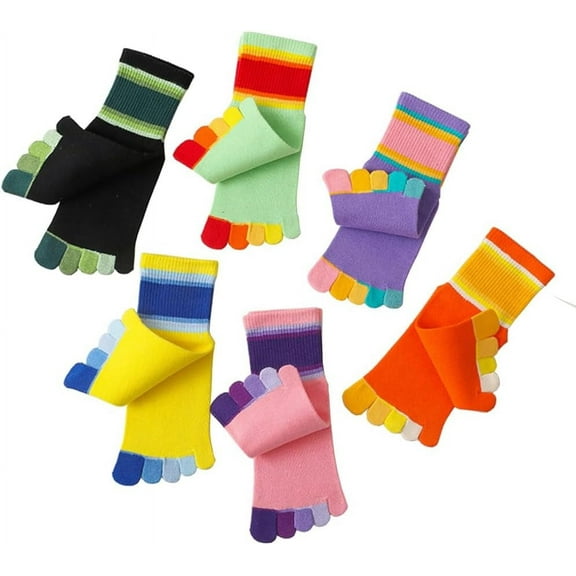 Girls Seamless Socks Rainbow Stripes Five Finger Cotton Toe Socks Kids School Crew Socks 6 Pack