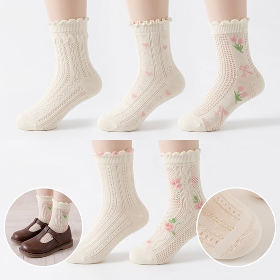 Girls Sensory Friendly Ruffle Trim Floral Cotton Pointelle Mesh Seamless Toe Crew Socks, 10-Pair Pack