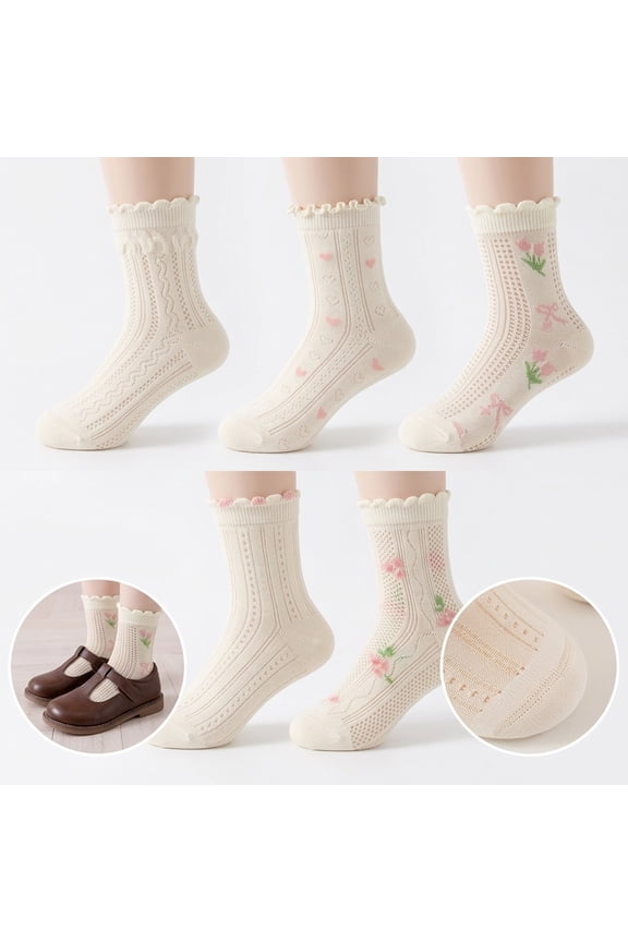 Girls Sensory Friendly Ruffle Trim Floral Cotton Pointelle Mesh Seamless Toe Crew Socks, 10-Pair Pack