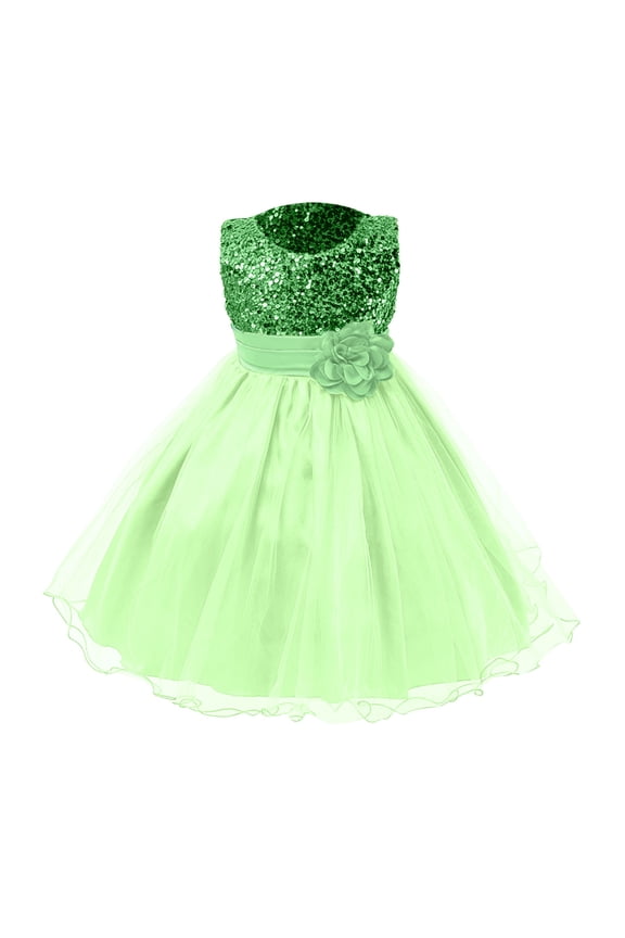 Girls Sequin Bodice Princess Dress Waist Flower Decor Dress Party Dress Flowy Tulle Skirt Silhouette For Little Girls Birthday Celebration Bridesmaid Wedding Attire Green 140
