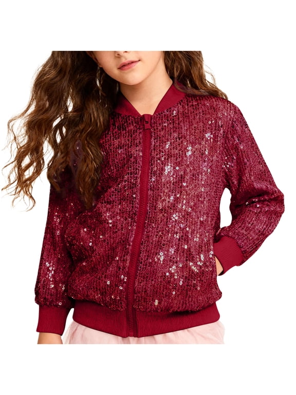 Girls Sequin Bomber Jacket Shiny Sparkle Long Sleeve Zip Up Varsity Coat Kids Birthday Concert Party Dress Costume