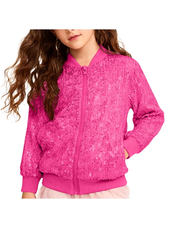Girls Sequin Bomber Jacket Shiny Sparkle Long Sleeve Zip Up Varsity Coat Kids Birthday Concert Party Dress Costume