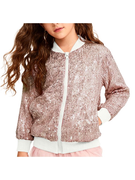 Girls Sequin Bomber Jacket Shiny Sparkle Long Sleeve Zip Up Varsity Coat Kids Birthday Concert Party Dress Costume