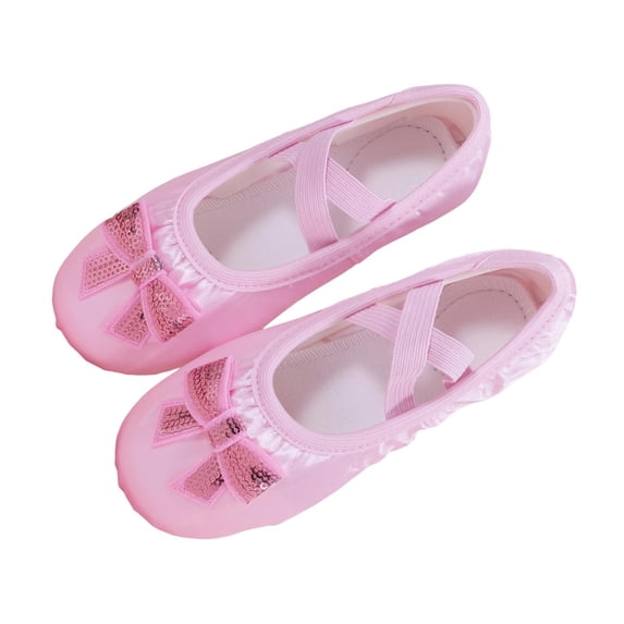 Girls Sequin Bow Ballet Dance Shoes, Slip on No Laces Soft Sole Training Slippers, Kids Stage Performance Gymnastics Body Shaping Dance Footwear Pink 3(38)