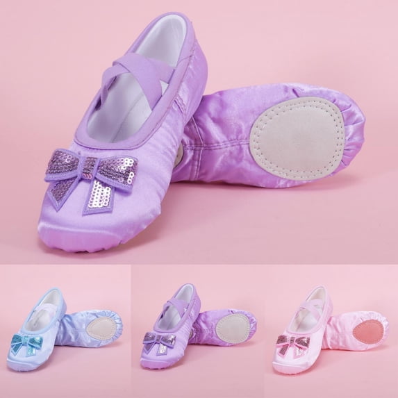 Girls Sequin Bow Ballet Dance Shoes, Slip on No Laces Soft Sole Training Slippers, Kids Stage Performance Gymnastics Body Shaping Dance Footwear Purple 3.5(39)
