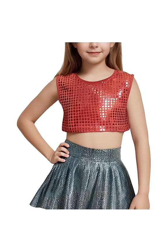 Girls' Sequin Cheerleading Crop Top – Sparkly Round Neck Sleeveless Performance Vest – Dance Team & Cheer Practice Wear – Shiny Metallic Tank for Recitals & Parties (Ages 4-18)