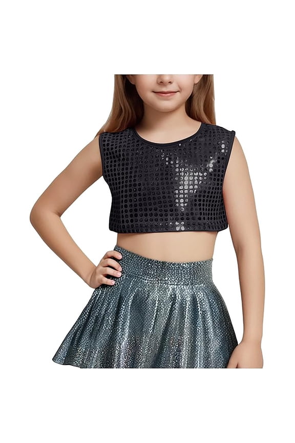 Girls' Sequin Cheerleading Crop Top – Sparkly Round Neck Sleeveless Performance Vest – Dance Team & Cheer Practice Wear – Shiny Metallic Tank for Recitals & Parties (Ages 4-18)
