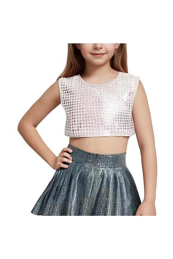 Girls' Sequin Cheerleading Crop Top – Sparkly Round Neck Sleeveless Performance Vest – Dance Team & Cheer Practice Wear – Shiny Metallic Tank for Recitals & Parties (Ages 4-18)