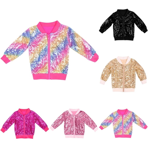 Girls Sequin Coat Lightweight Color Block Sparkle Long Sleeve Zip Up Jacket Kids Comfy Bright Colors Fall Outwear 3-10 Years