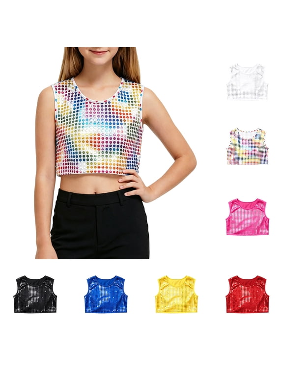 Girls Sequin Crop Top, Round Neck Stage Performance Shirt, Sparkle Dance Top for Shows and Parties