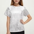 thumbnail image 1 of Girls Sequin Dance Tshirts 2025 Trendy Metallic Shimmer Short Sleeve Shirts Kids Sparkly Glitter Crewneck Tee Tops, 1 of 4