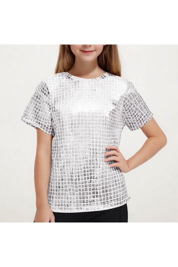 Girls Sequin Dance Tshirts 2025 Trendy Metallic Shimmer Short Sleeve Shirts Kids Sparkly Glitter Crewneck Tee Tops