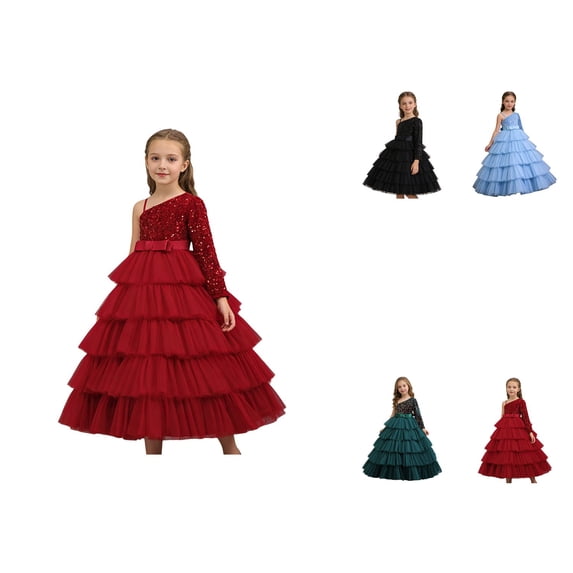 Girls Sequin Dress for Birthday Party, Piano Recital, or Evening Gown – One Shoulder Elegant Tutu with Bow, Short Pageant Style for First Communion and Flower Girl Events