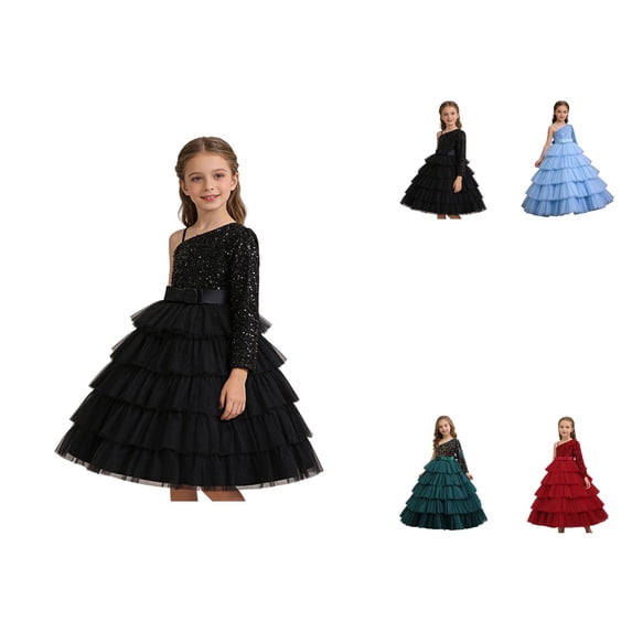 Girls Sequin Dress for Birthday Party, Piano Recital, or Evening Gown – One Shoulder Elegant Tutu with Bow, Short Pageant Style for First Communion and Flower Girl Events