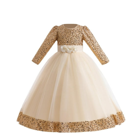 Girls Sequin Dresses Christmas Tulle Long Sleeve Party Maxi Dresses Evening Formal Cocktail Wedding Ball Prom Gown, Gold, 8 Years
