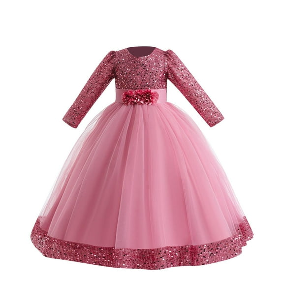 Girls Sequin Dresses Christmas Tulle Long Sleeve Party Maxi Dresses Evening Formal Cocktail Wedding Ball Prom Gown, Pink, 8 Years