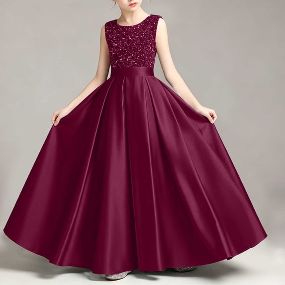 Girls' Sequin Embellished Satin Sleeveless Dress, Elegant formal gown for recitals, weddings and special occasions, 0-13 Years Watermelon Red 5-6 Years