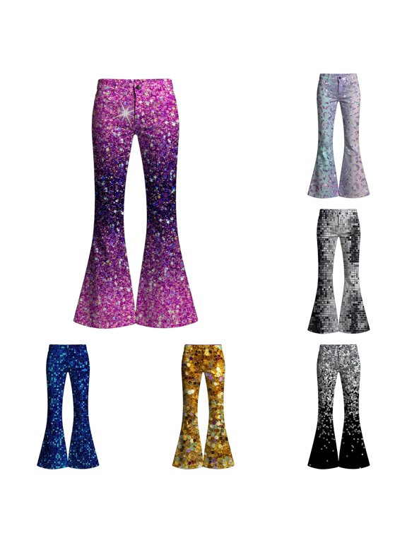 Girls Sequin Flare Pants Sparkle Elastic Waist Flare Leggings Casual Bell Bottom Pants for 9-10 Years