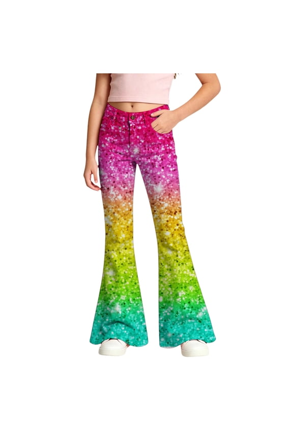 Girls Sequin Flared Pants, 3D All-Over Print Sparkly Bell-Bottoms with Zipper for Party 5-16Years
