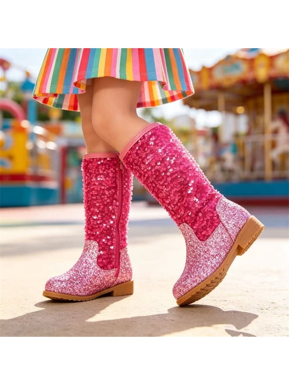 Girls Sequin Glitter High Top Boots Fall Winter Patchwork Sparkly Kids MidâCalf Boots with Side Zipper and Low Heel Princess Dress Up Shoes for Daily Wear(Hot Pink,5.5-6 Years)