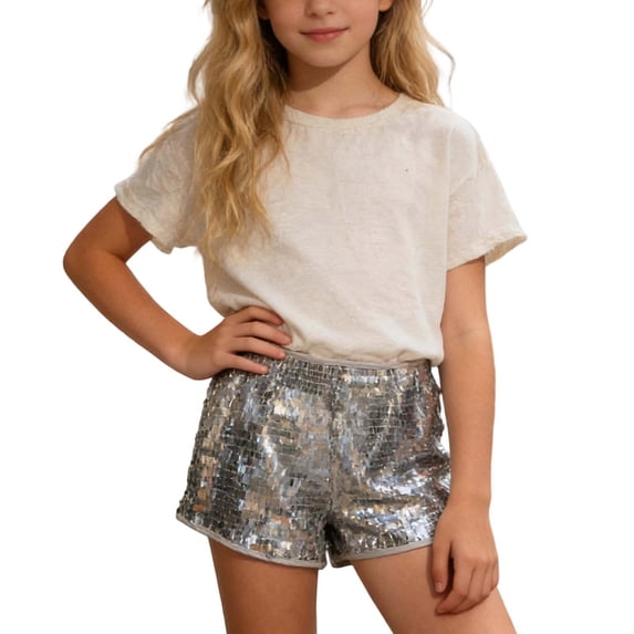 Girls Sequin High Waist Shorts – Sparkle Sequin Athletic Shorts with Elastic Waistband and Smooth Inner Lining, Trendy Casual Summer Party Outfit, Girls Shorts Size 10-12