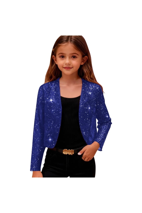 Girls Sequin Jacket Sparkly Glitter Open Front Cropped Blazer Lightweight 3/4 Length Sleeve Jacket Blue 170