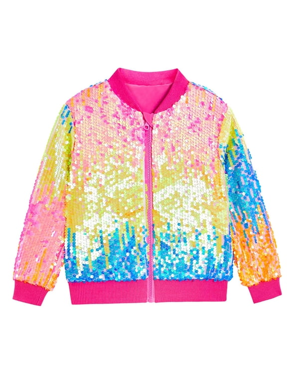 Girls Sequin Jacket Sparkly Gradient Zip-Up Long Sleeve Bomber Coat Fall Casual Outerwear