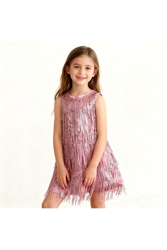 Girls' Sequin Latin Dance Dress Sleeveless Fringed Gown Sparkly Birthday Party Formal Dress for Special Occasions (2-10 Years)