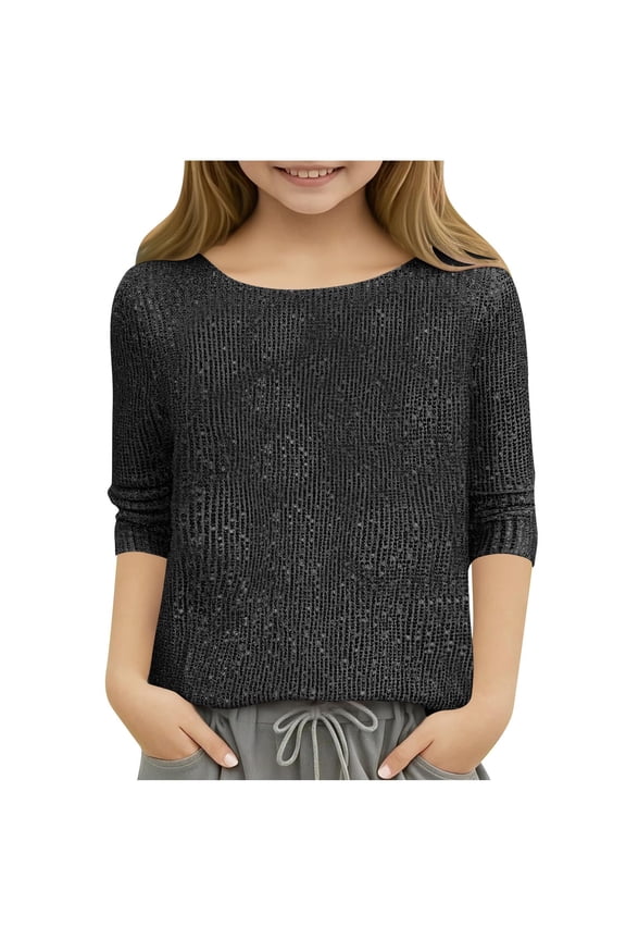 Girls' Sequin Long Sleeve Top Crew Neck Casual T-Shirt with Lining, Shiny Cute Shirt for Festive Party (5-15 Years)