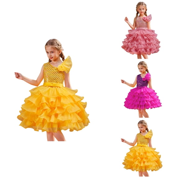Girls Sequin Off Shoulder Party Dress with Tiered Short Tutu Skirt, One-Shoulder Design, Perfect for Pageants, Weddings, and Princess Themes