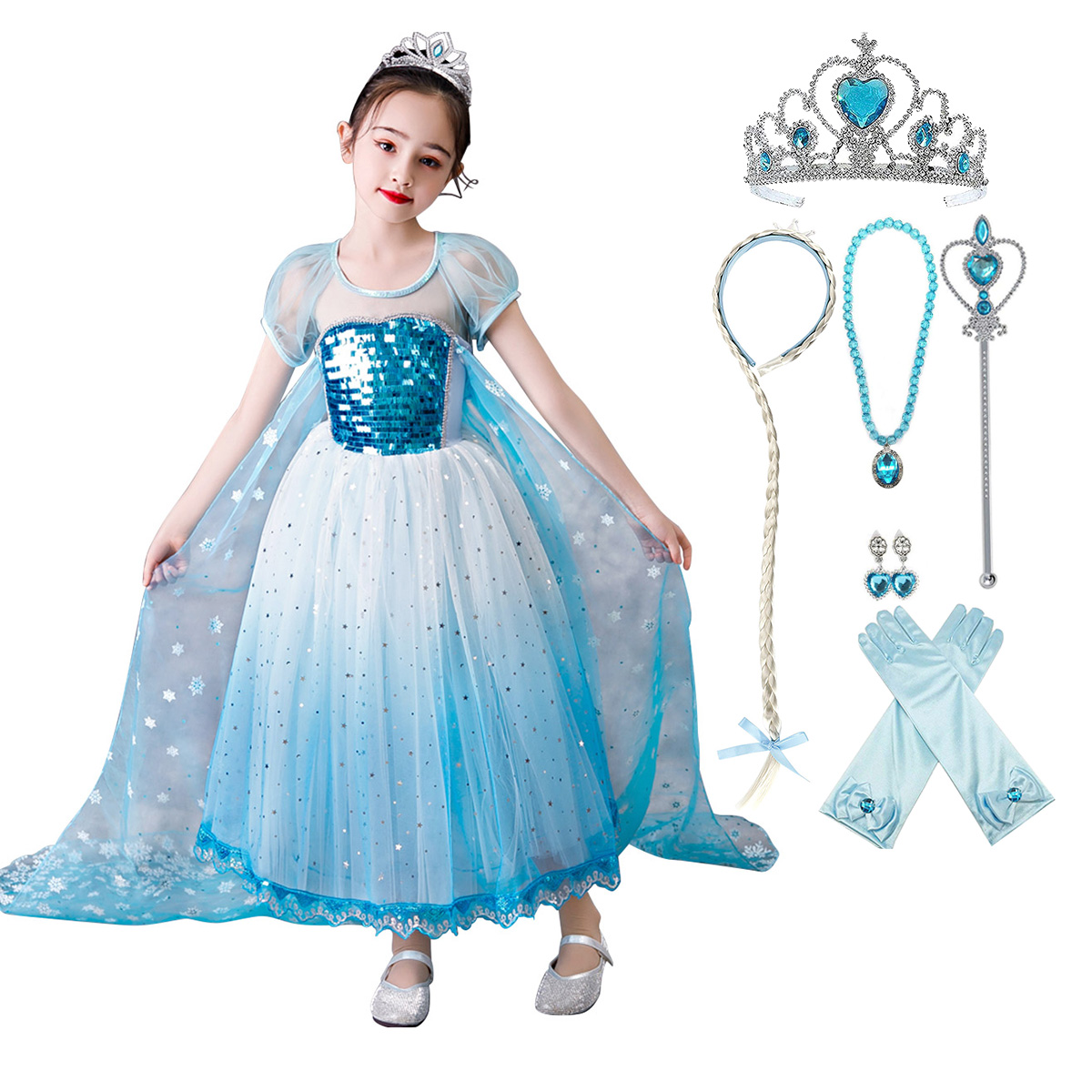 MUABABY Girls Ice Snow Queen Costume – Sequin Princess Dress With Cape, Tiara & Gloves (Long Sleeve, Ages 2-8)