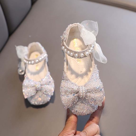 Girls Sequin Rhinestone Bow Mary Janes, Pearl Strap Princess Dress Shoes for Flower Girl Dresses, Weddings, Birthdays and Performances Beige 6