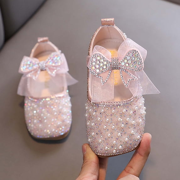 Girls Sequin Rhinestone Bow Mary Janes, Pearl Strap Princess Dress Shoes for Flower Girl Dresses, Weddings, Birthdays and Performances Pink A 1.5