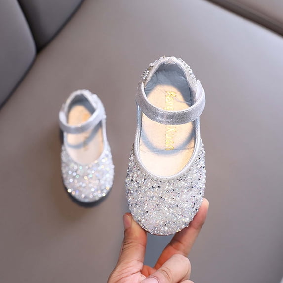 Girls Sequin Rhinestone Bow Mary Janes, Pearl Strap Princess Dress Shoes for Flower Girl Dresses, Weddings, Birthdays and Performances Silver B 7