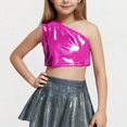 thumbnail image 1 of Girls Sequin Shirt Trendy One Shoulder Sparkle Shimmer Cropped Dance Tshirts Kids Summer Glitter Performance Shirts, 1 of 4