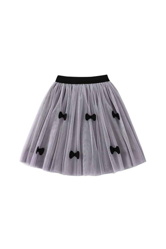 Girls' Sequin Skirt - Strappy Waist-Cinched Sparkling Bow Tulle Skirt Puffy Skirt Grey 5 Y-6 Y