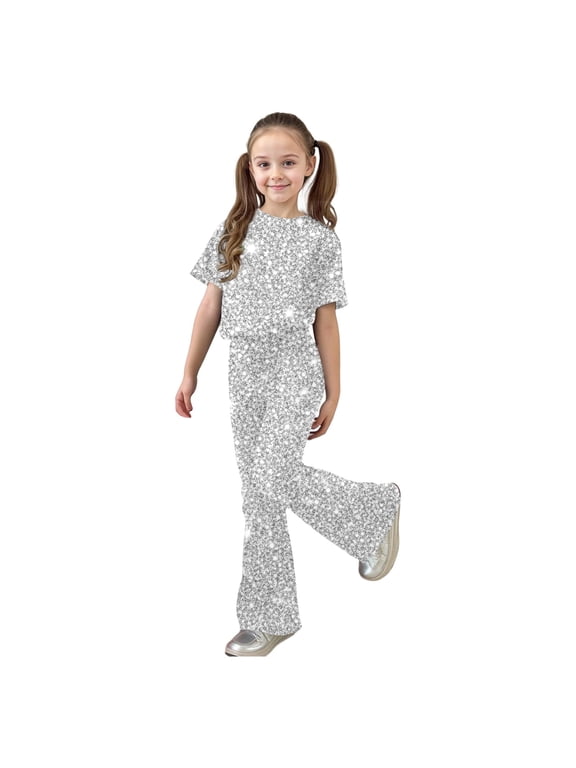 Girls' Sequin Sparkle Set Short Sleeve Top And Flare Outfit Two Piece Party Show Time Pants