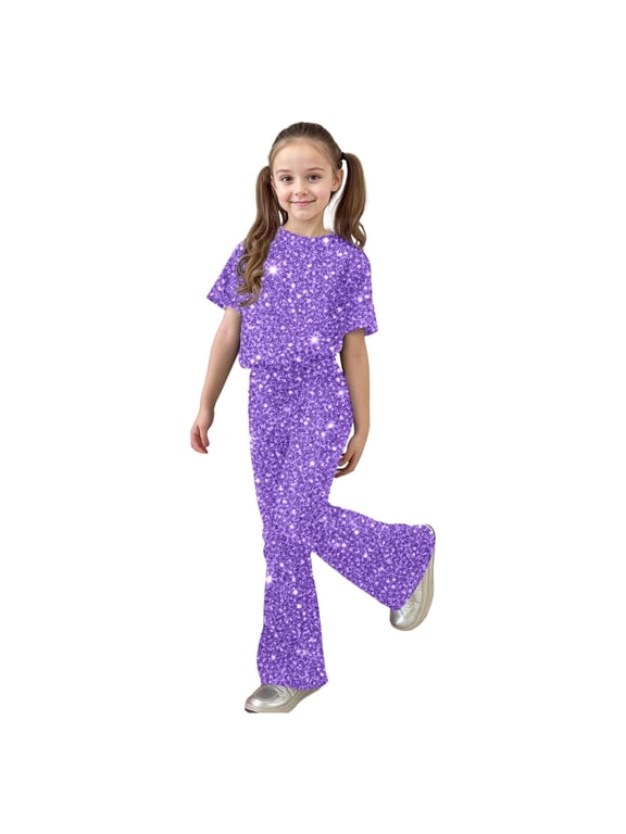 Girls' Sequin Sparkle Set Short Sleeve Top And Flare Outfit Two Piece Party Show Time Pants