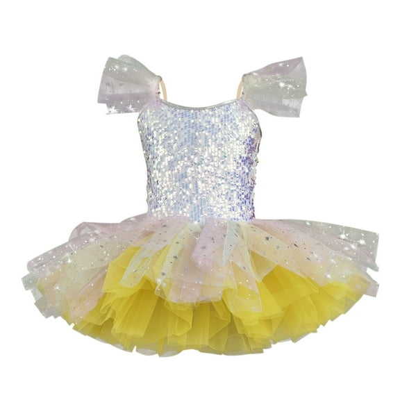 Girls Sequin Sparkly Dress, Kids Ballets Tutus Dresses Outfit Dance Costume for Performance Kids a Line Dress Yellow 1Y