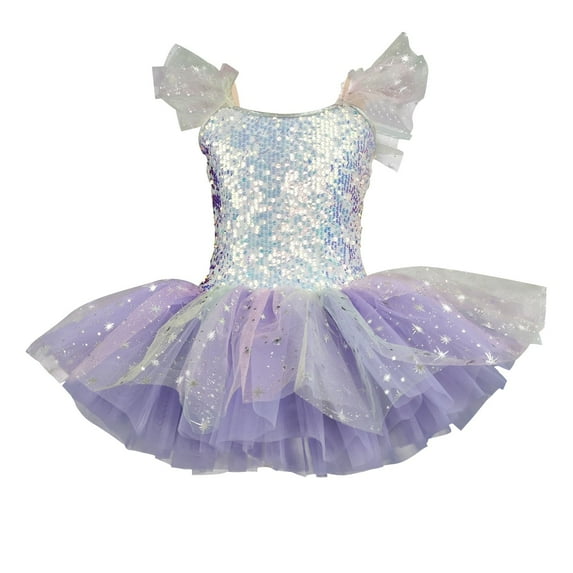 Girls Sequin Sparkly Dress, Kids Ballets Tutus Dresses Outfit Dance Costume for Performance Kids off the Shoulder Dress Purple 5Y