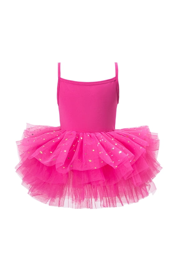 Girls' Sequin Star Tulle Tutu Ballet Dress, Sleeveless Leotard Style Dance , Gradient Layered Skirt for Toddlers & Kids, 4 Colors, Sizes 90-120 (Ages 1-8)