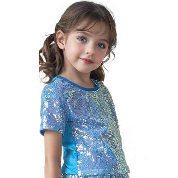 Girls' Sequin T-Shirt, Round Neck Short Sleeve Sparkly Top for Performances, Dance Recitals, Parties, and Special Events, Elegant Fit and Shiny Design for Stage Wear and Celebration Outfits - Blue