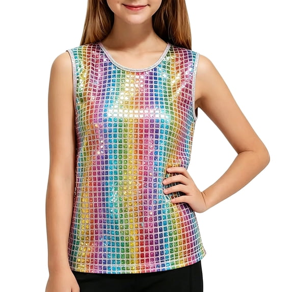 Girls Sequin Tank Tops Sleeveless Crewneck Sparkly Stage Performance Casual Dance Vests for Kids Size 110