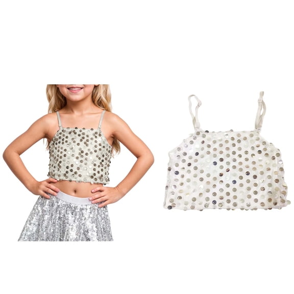 Girls Sequin Tank Tops Sleeveless Spaghetti Strap Party Camisole for Girls Latin Jazz Ballet Stage Performance