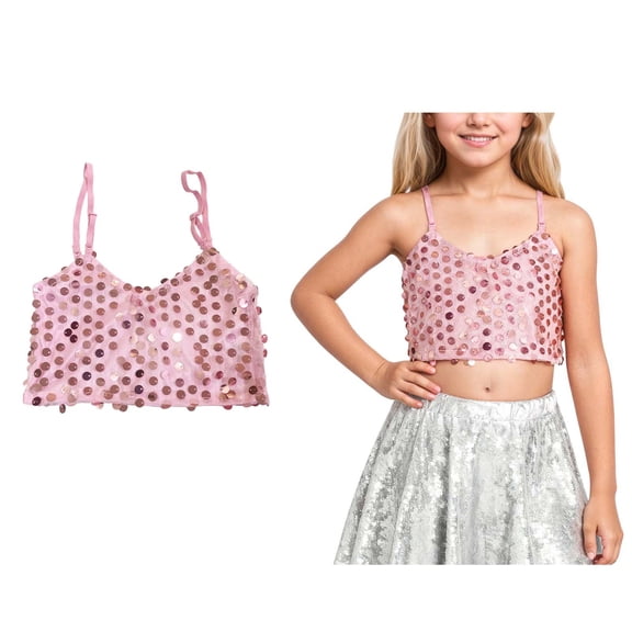 Girls Sequin Top Pink Tank Top Sleeveless Spaghetti Strap Girls Camis Ballet Latin Jazz Performance