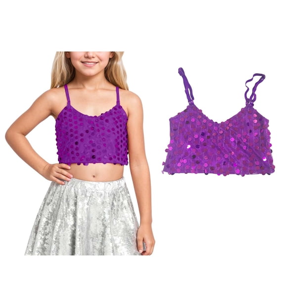 Girls Sequin Top Purple Tank Top Sleeveless Spaghetti Strap Camisoles for Girls Cheer Jazz Performance