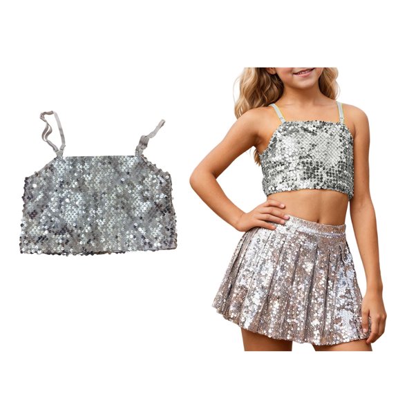 Girls Sequin Top Silver Tank Top Sleeveless Spaghetti Strap Dance Crop Top for Girls Ballet Latin Jazz Performance